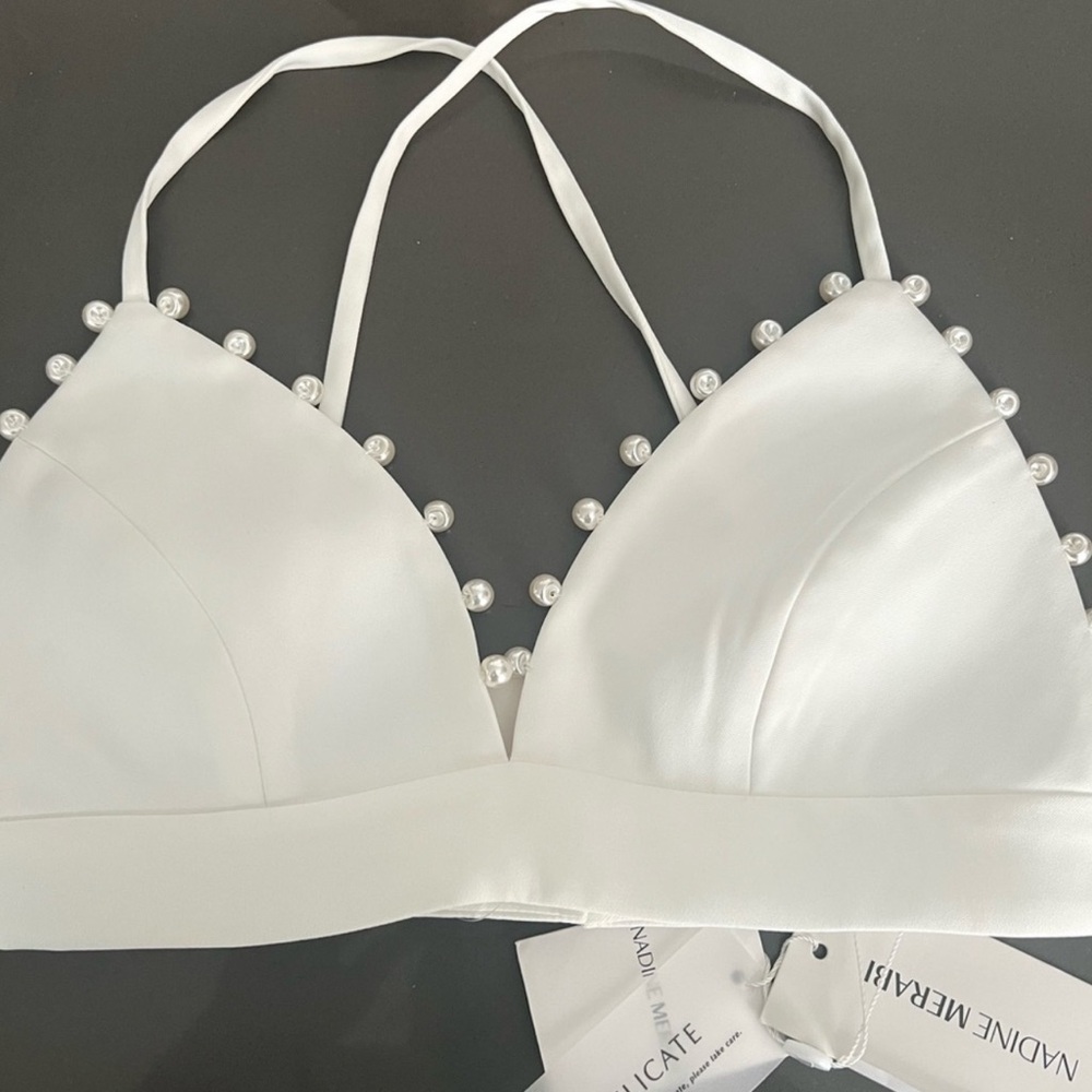 NADINE MERABI Charlotte White Pearl Embellished Bralette - Picture 3 of 8